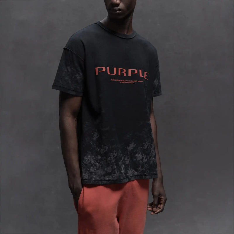Black t-shirt with red ’PURPLE’ text.