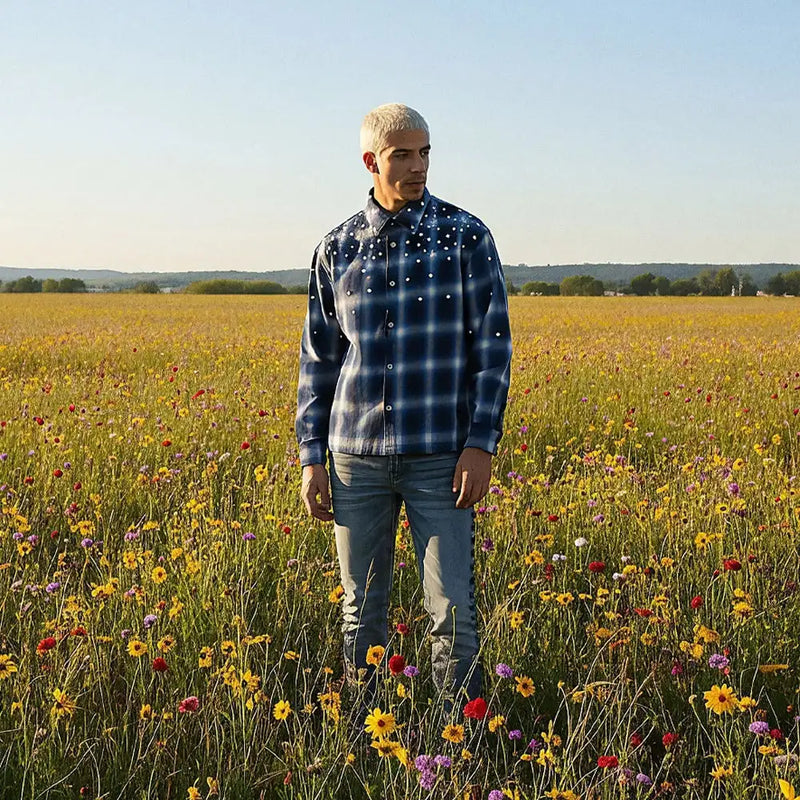 Blue and white plaid button-up shirt with silver studs.
