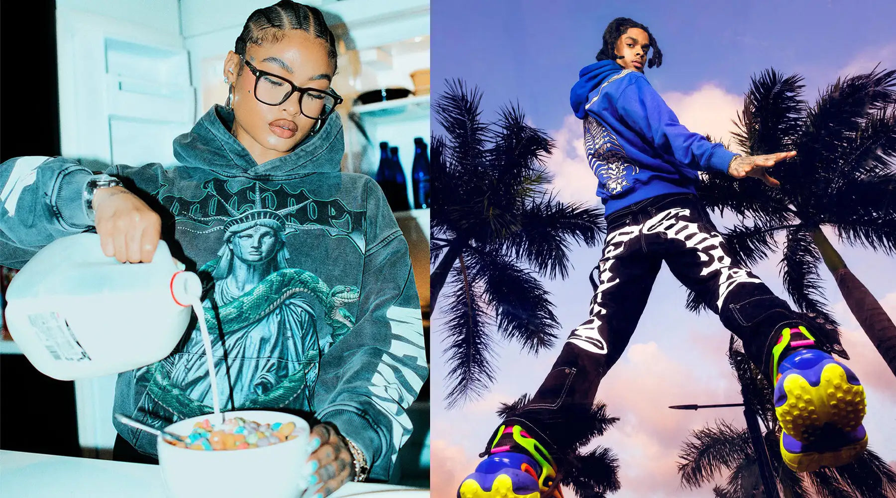 Blue and white tie-dye hoodie with palm tree design, nike sneakers.