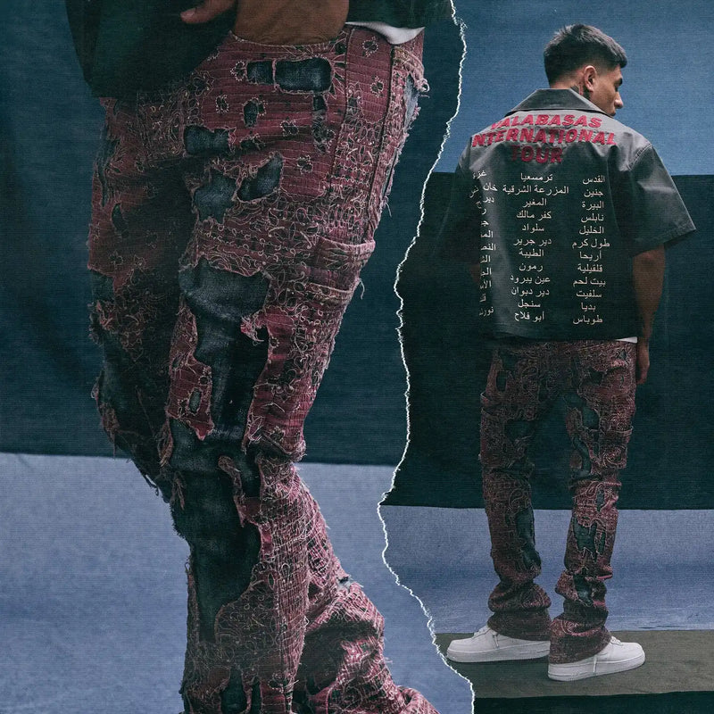 Distressed burgundy and black jeans.