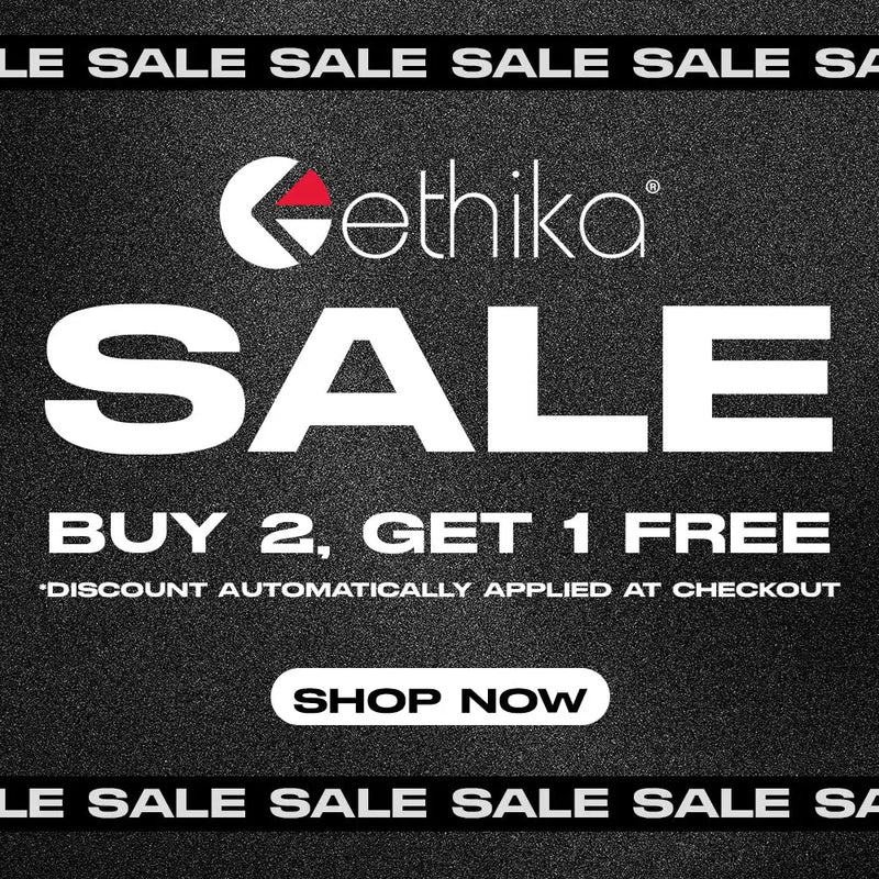 Ethika® ’buy 2, get 1 free’ sale banner with black background and white text.