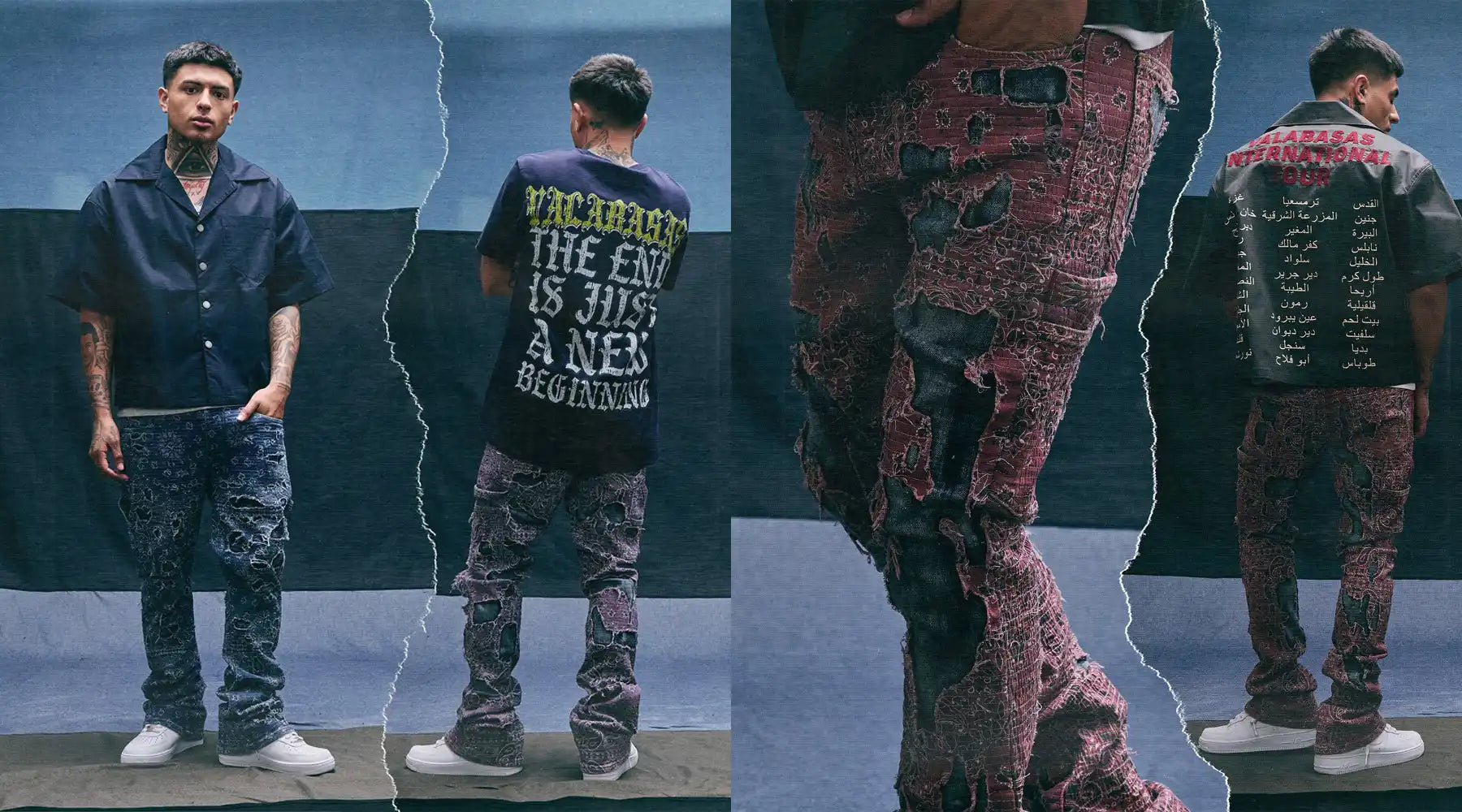 Fashionable ripped jeans.