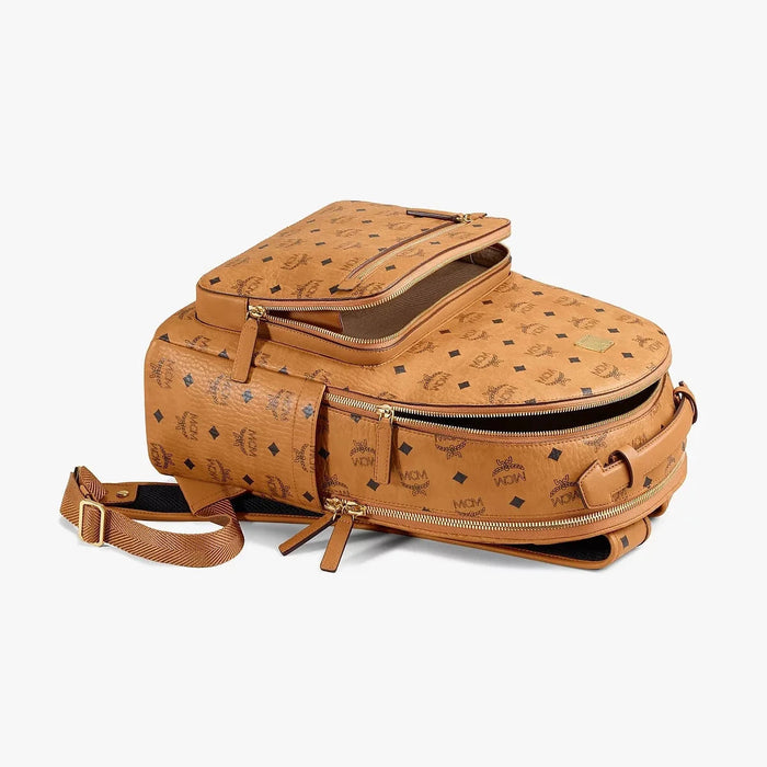 MCM Cognac Brown Visetos Stark Leather Backpack