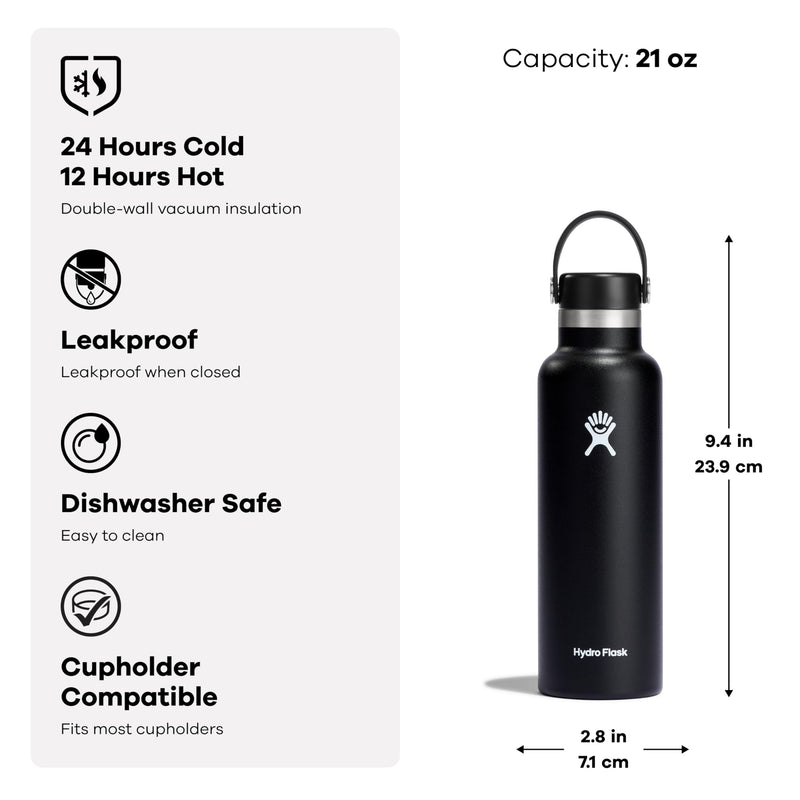 Hydro Flask Stainless Steel Standard Mouth Water Bottle with Flex Cap and Double-Wall Vacuum Insulation