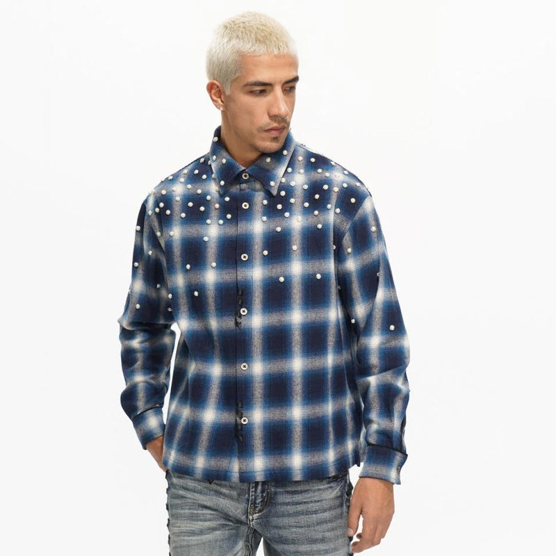 Valabasas Cadence Flannel – Blue Pearl Embellished Men’s Shirts VALABASAS