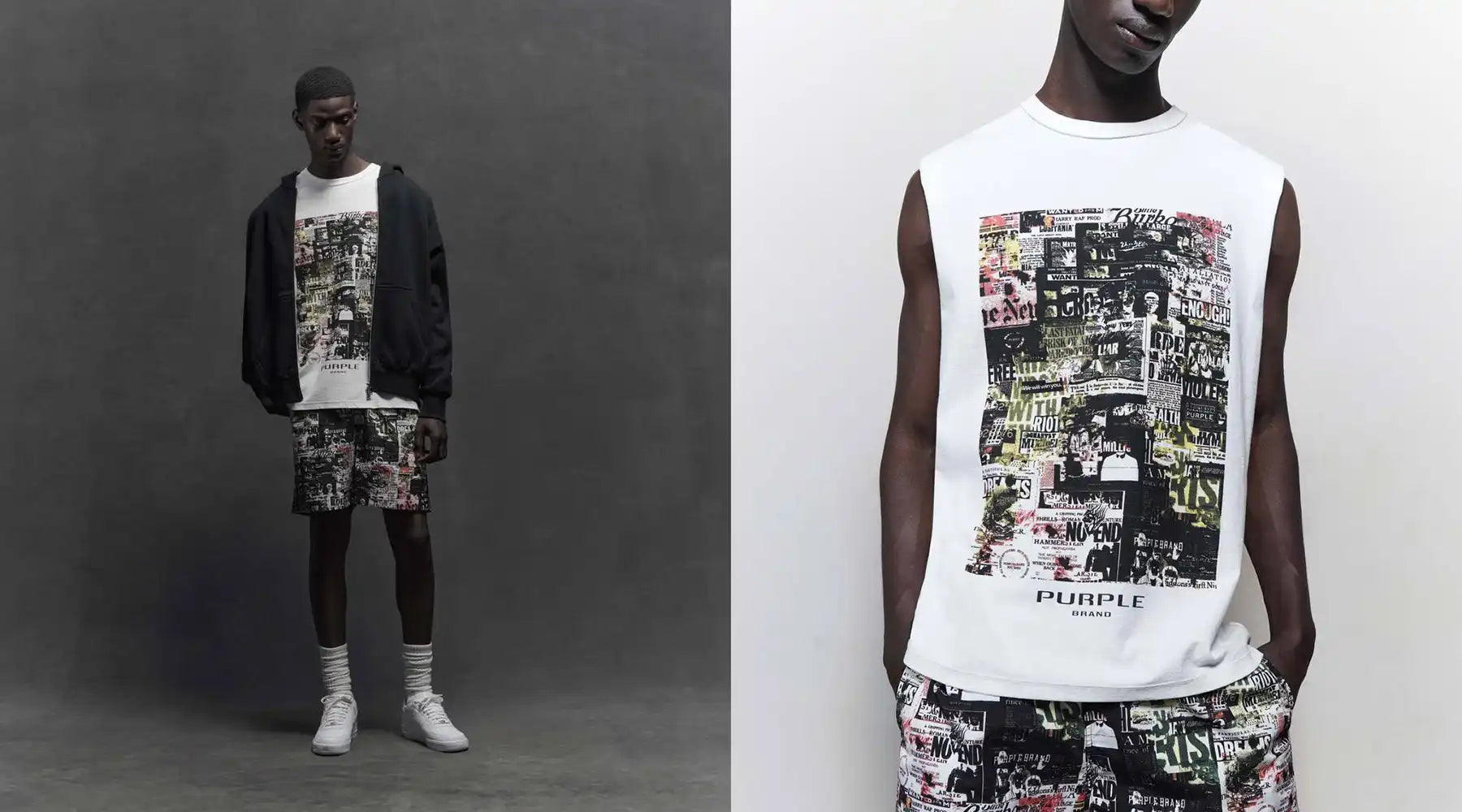 Printed white sleeveless shirt.