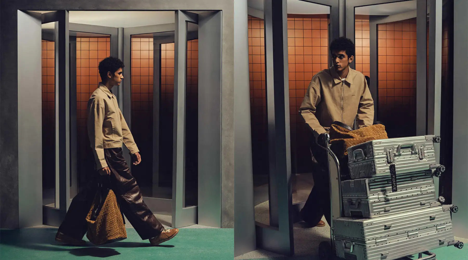 Stack of silver aluminum suitcases with black handles and wheels