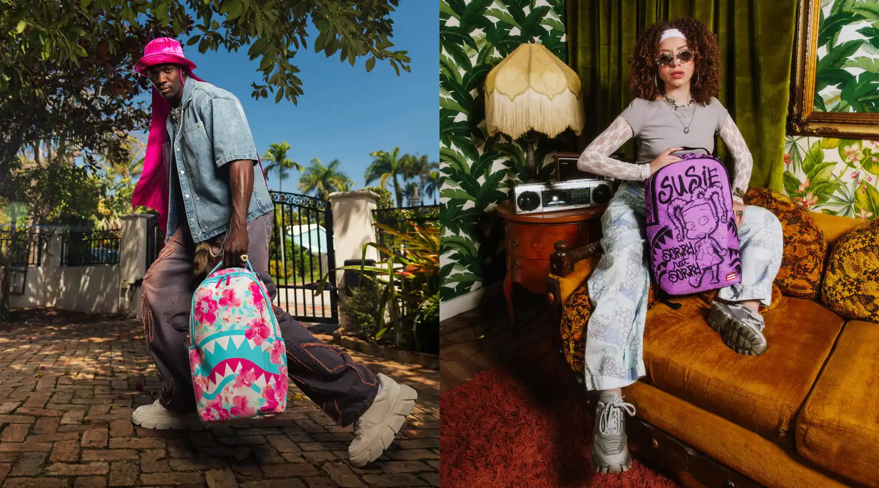 Two fashion backpacks, one with a floral and shark mouth design, and the other purple with cartoon-like doodles.