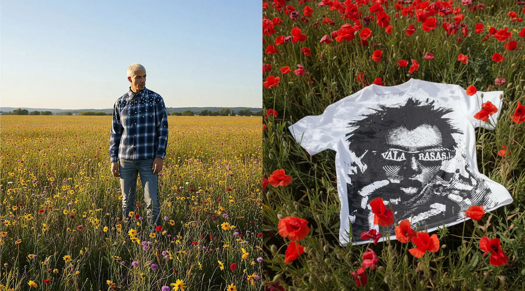White t-shirt with black graphic print of a man wearing sunglasses and the text ’vata rasas’ across his face, laid out among red poppies.
