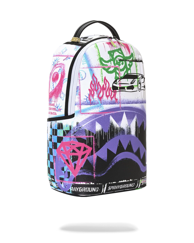SPRAYGROUND B8538 STENCIL PENCIL CONTINENTAL SHARK ATTACK BLACK AND WHITE SPLIT BACKPACK BTS26