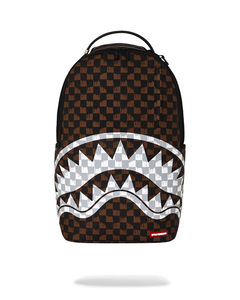 SPRAYGROUND B8552 BROWN AND CREAM DRIP CHECK PARIS FANG SHARK BACKPACK BTS26